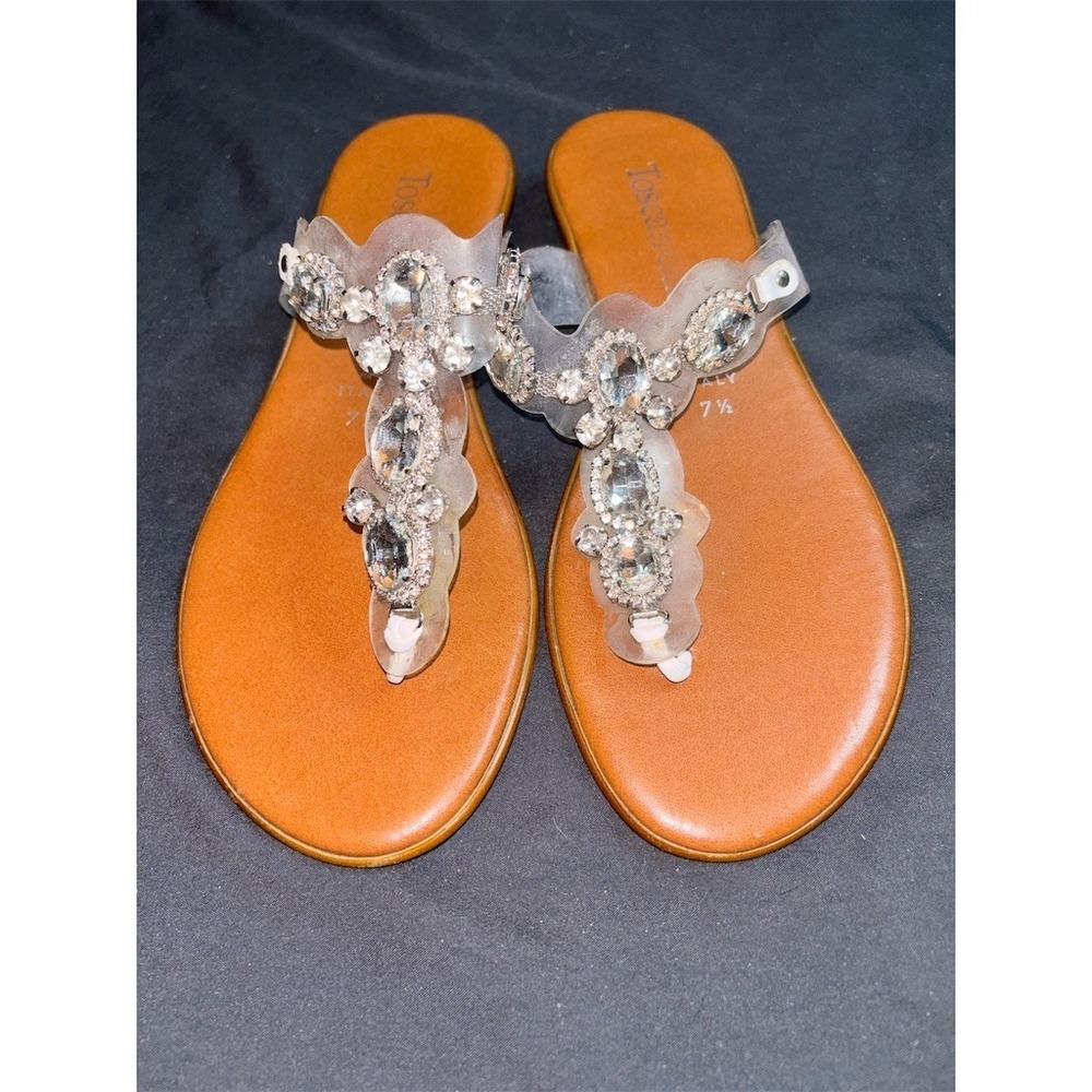 Toscanella Thong Sandals Womens 7.5 Clear Strap Jeweled Rhinestones Flat wedding